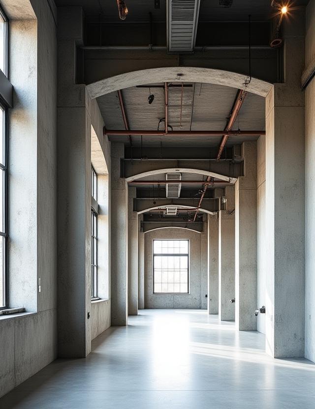 Détail architectural montrant des poutres métalliques et une hauteur sous plafond importante