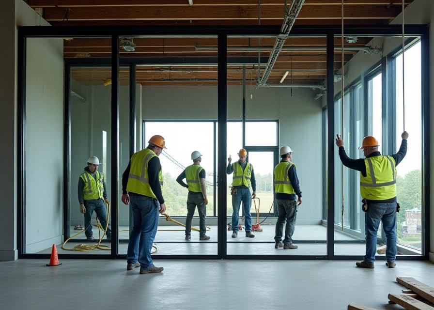 Ouvriers installant une grande verrière en acier noir