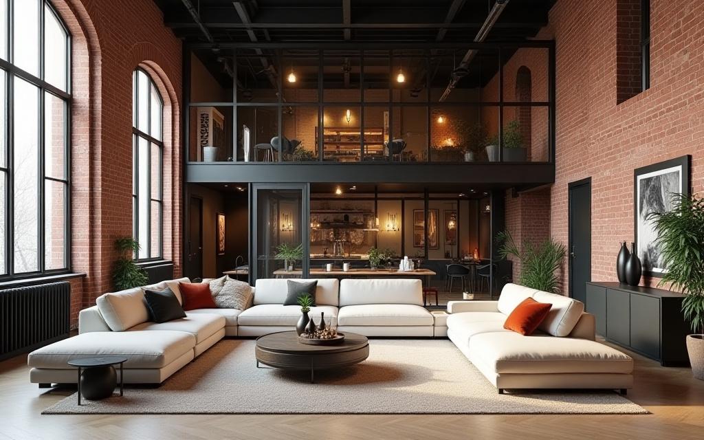 Grand salon de loft parisien avec verrière style atelier et murs en briques apparentes